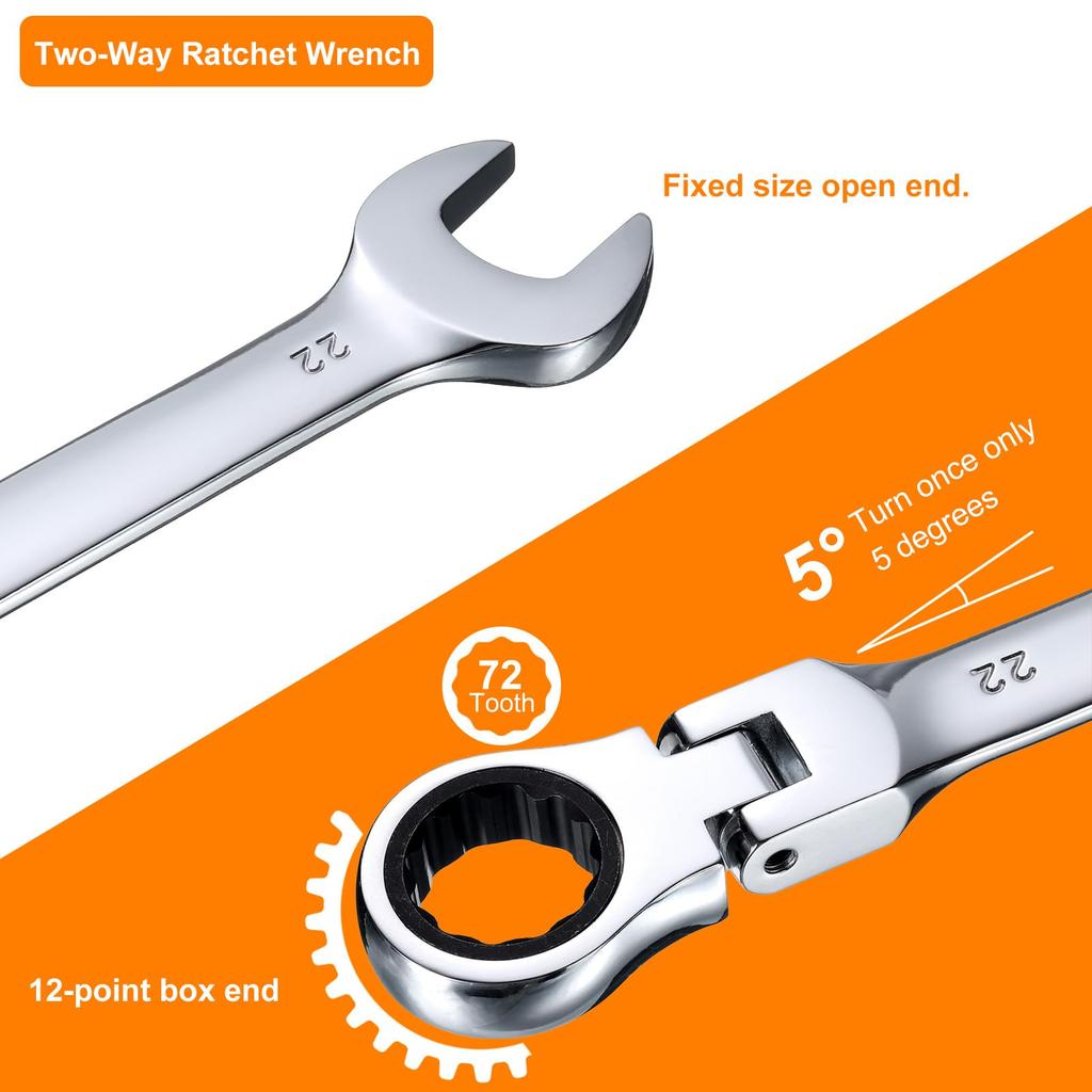 uxcell 22mm Flex Head Ratchet Wrench with Rotating Metric Ratchet Combination 72 Chrome Vanadium Steel Ratchet for and Bolts 2-Piece 180° Head,