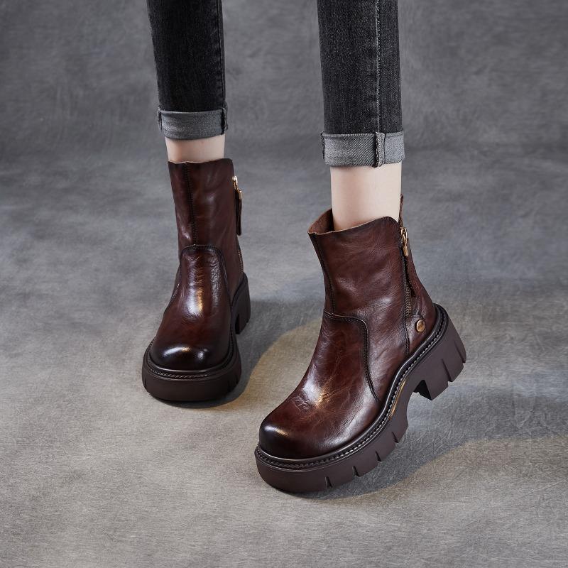 High-top Boots Women's Shoes, Autumn-winter Leather Short Boots, Retro Shoes
