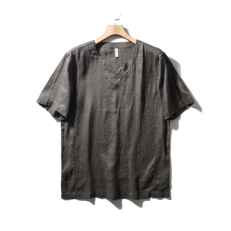 Chinese Style Natural Linen T-Shirt Men's Summer Thin New Arrival Loose V-neck Undershirt Export Export Men's T-shirt