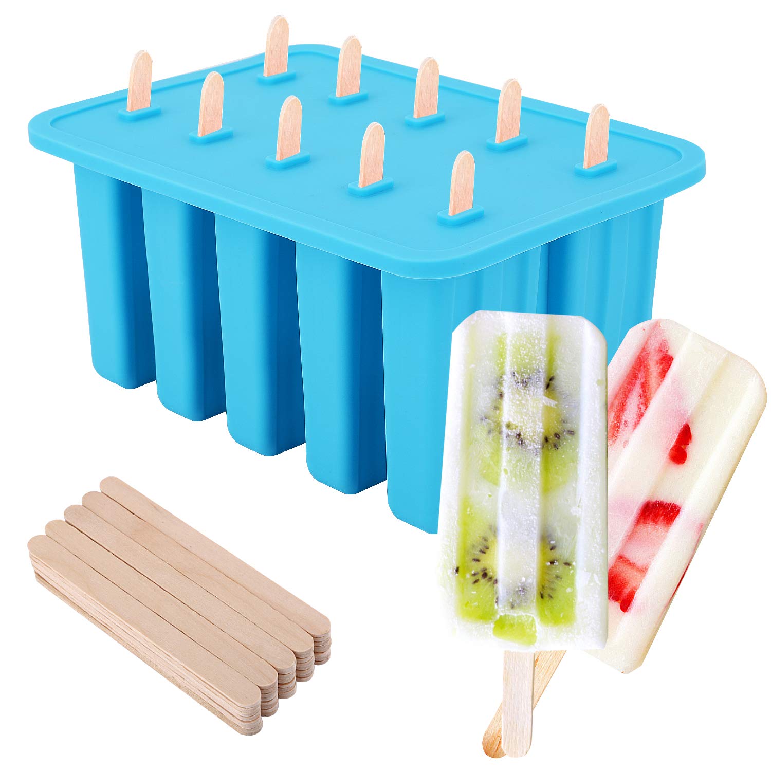 

Nuovoware Ice Pop Mold, 10-Cavity, DIY Ice Pop Mold, Ice Pop Stick, Ice Making Tool, FDA Approved Silicone, Cold and Heat Resistant, Includes 100 Pops