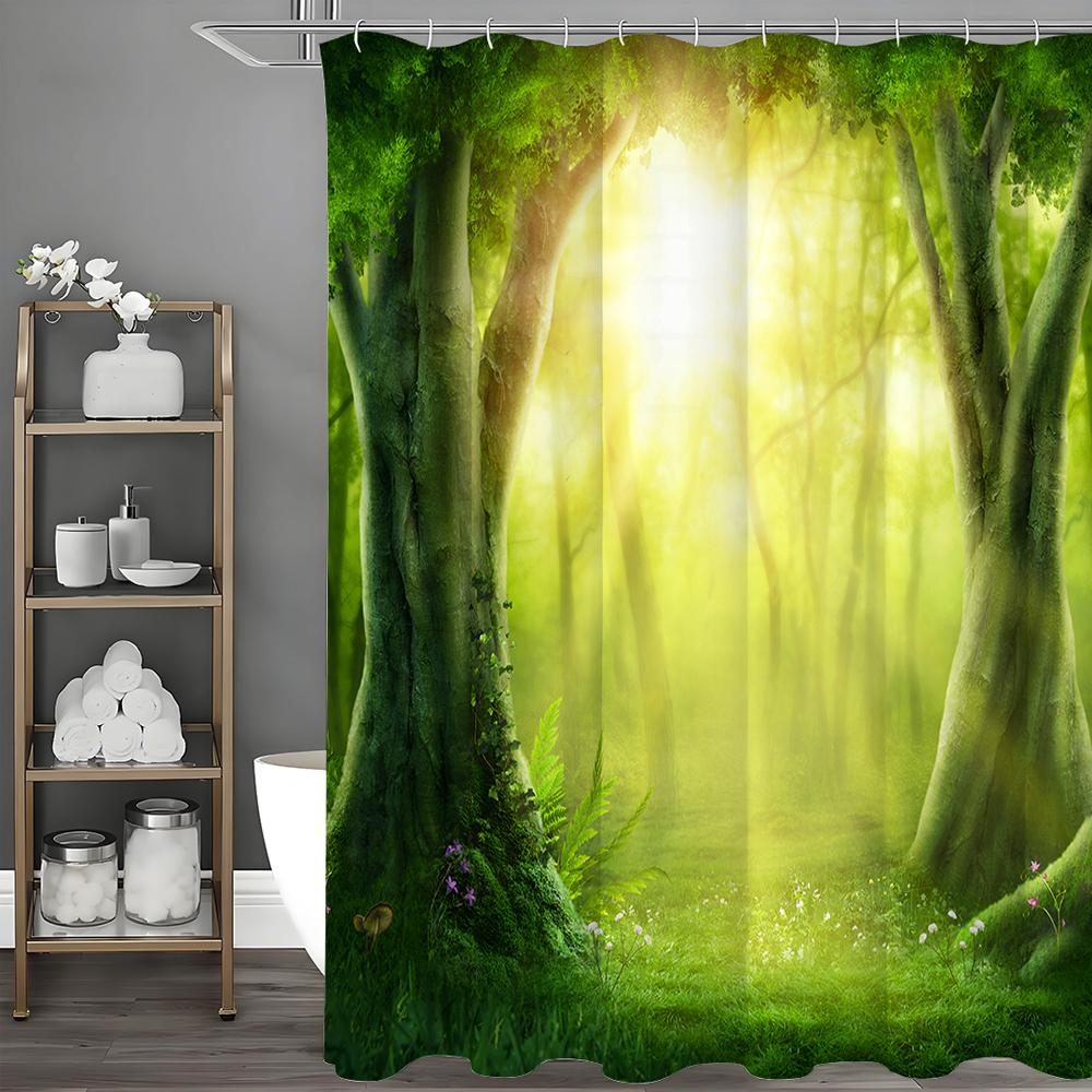 Tree Deep Forest Greenery Cure Green Sunshine Shower Curtain, Bathroom Decorative Shower Curtain, Waterproof Shower Curtain with