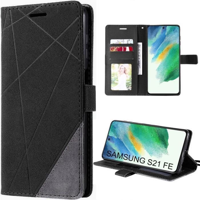 Coque pour Samsung Galaxy S21 FE - BOOLING - Noir - Protection Anti-Rayures - Cuir PU