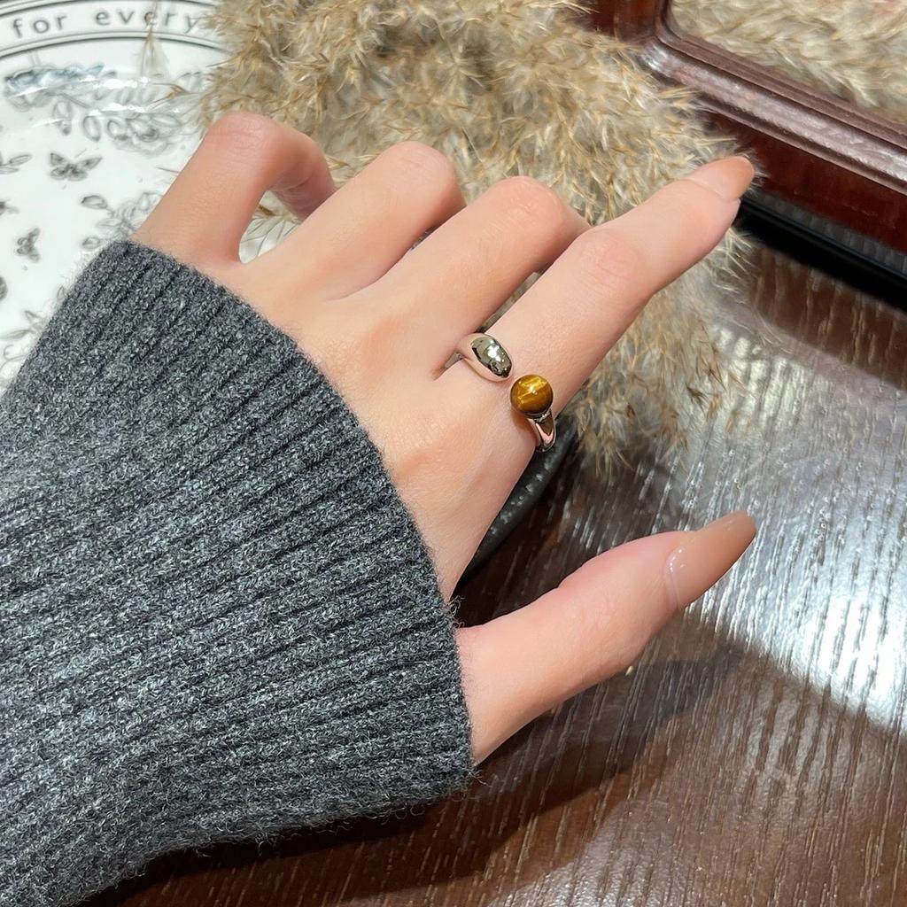 Coffee color tiger's eye stone plain ring open ring casual simple light luxury ring daily commuting index finger ring female
