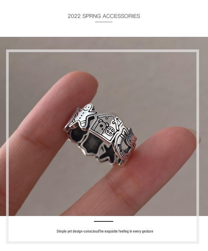 S925 Sterling Silver Graffiti Gingerbread Man & Bear Christmas Ring: Women's Retro Open Index Finger Style