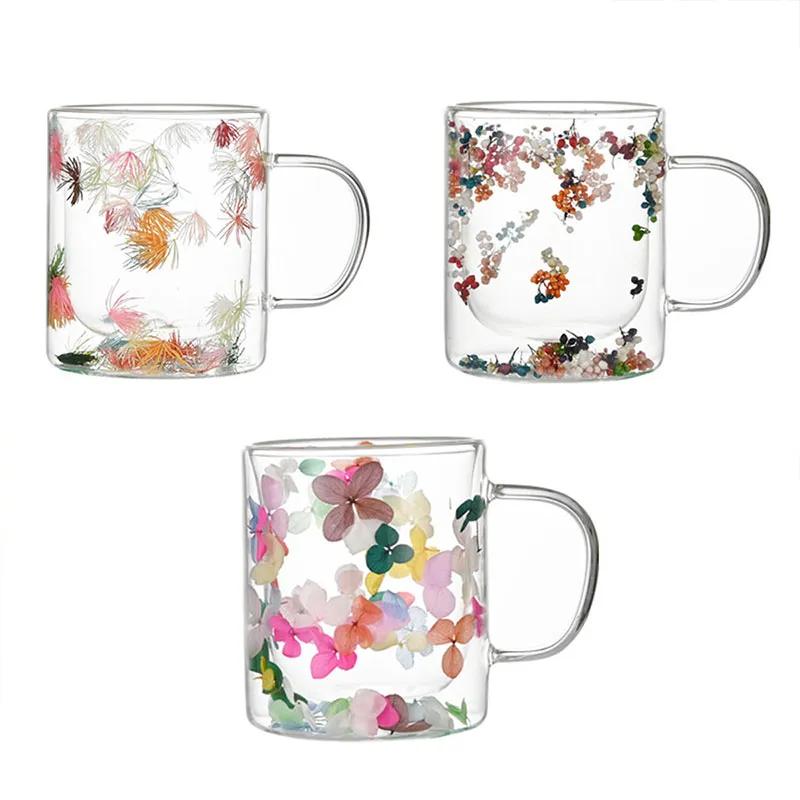 

Креативный дизайн 350 мл Двойная стеклянная кружка с начинкой из сухих цветов с ручками кухонные принадлежности WLL2149 send randomly