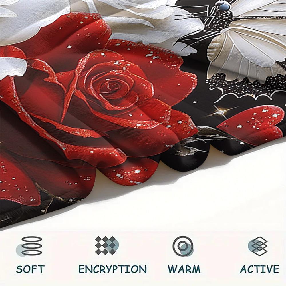 Flanelowy koc z nadrukiem czerwonych i białych róż, Wysoka jakość, Komfortowy na wszystkie pory roku, Wystrój domu, Ciepło i komfort, Idealny na prezenty świąteczne