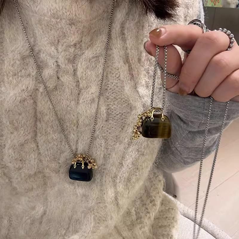 Natural Tiger Eye Stone Bag Grape Pendant Necklaces for Women Trendy Design Titanium Steel Sweater Chain Accessories