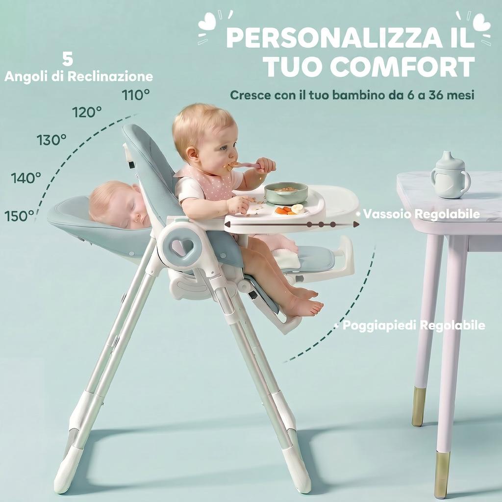 Folding High Chair, 6-36 Months, Adjustable Height, Double Washable Tray, Wheels, Green