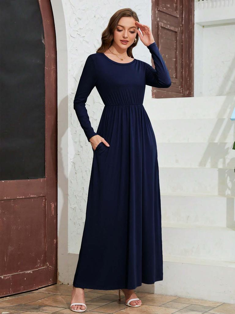 Women's Elegant Casual A-Line Long Dress with Cinched Waist and Pockets
