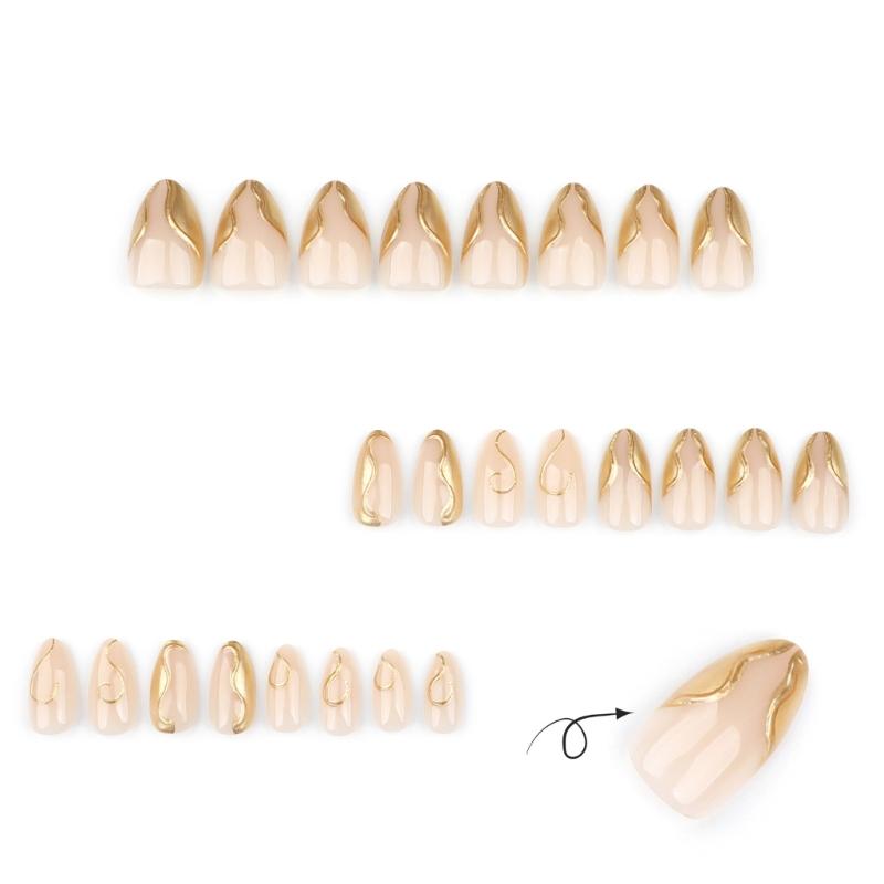 24 Stück Mandel-Press-On-Nägel Kurze Falsche Nägel Vollabdeckung Glänzend Acryl Mit Goldlinien-Designs Nagelzubehör