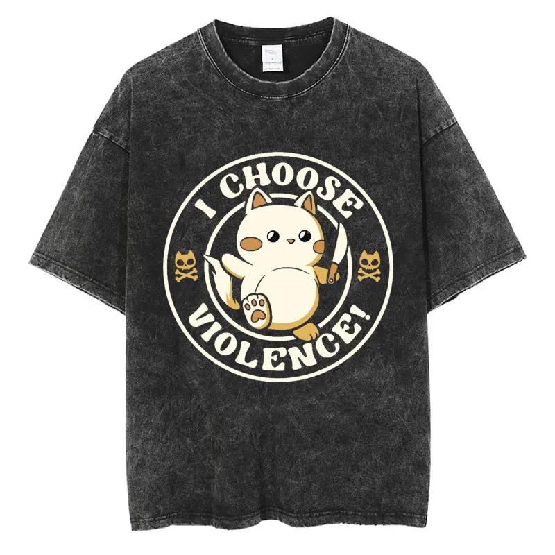 Funny I Choose Violence Washed T Shirt Funny Cat Meme Popular Short Sleeve Men Women Oversized Casual Cotton T Shirts Streetwear S разноцветный