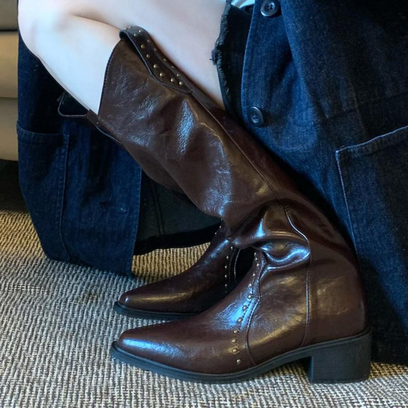 Fashion High Boots Women Fashion Dress Heeled Shoes Pointed Toe Knee High Woman Boots 2025 Winter New Designer Western Botas De Mujer