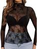 2024 Women's Long Sleeve Stand Collar Floral Lace Top - Transparent See-through Design