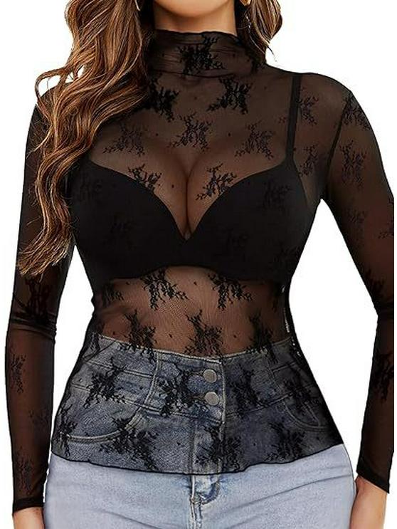 2024 Women's Long Sleeve Stand Collar Floral Lace Top - Transparent See-through Design