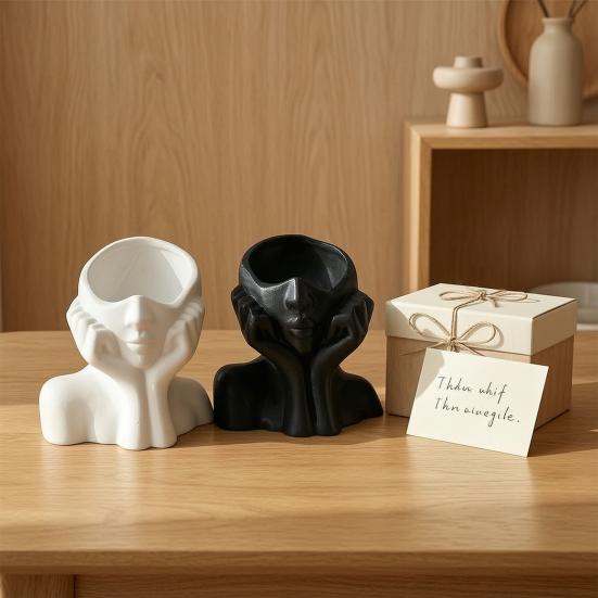 Pen Holder, Abstract Thinker Sculpture Desk Organizer, 3D Printed Holding Face Figurine Flower Vase for Makeup Brushes