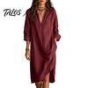 Lichte Zomerjurk Dames Midi Blousejurk, Lange Mouw V-hals Casual Veelzijdig Dames Kraag Losse Tuniek Strandvakantie Zomerjurk met