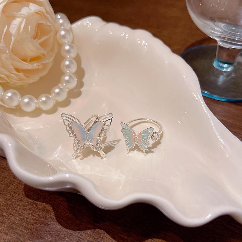 Anel de borboleta colorido estilo coreano - Anel de dedo indicador aberto de luxo versátil para mulheres
