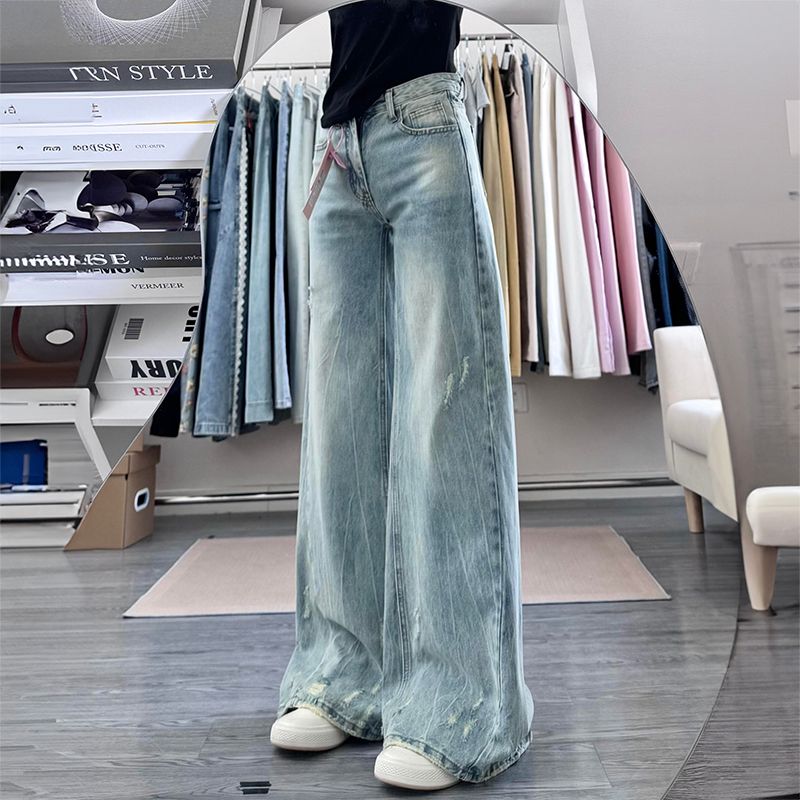 

Small Distressed Stylish Ripped Wide-Legged Denim Women s American Low Waist Loose Easiest for Match Straight Mopping Pants Blue pants 156-165 XL