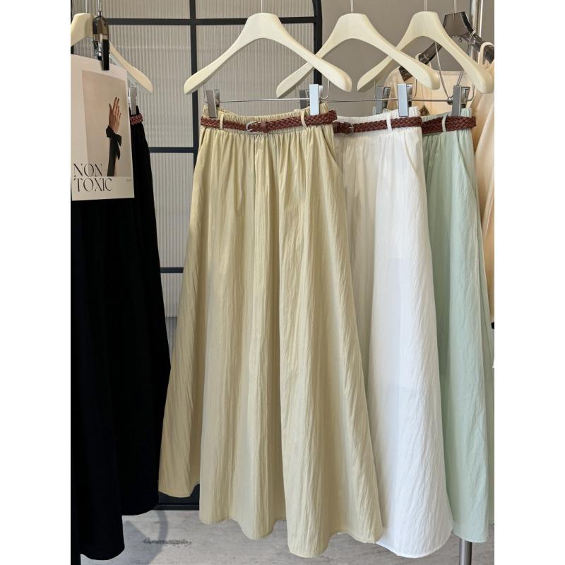 

Retro solid color high waist pleated A-shaped skirt literary Japanese long skirt spring swing skirt with belt One size fits all хаки