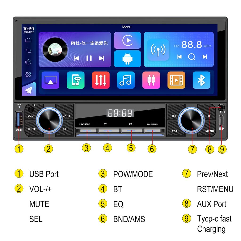 TOYOUSONIC 1Din Car Radio For Universal MP5 Multimedia Player 6.9 Inch HD Touch Screen Support Carplay Mirror Link BT SWC Stereo