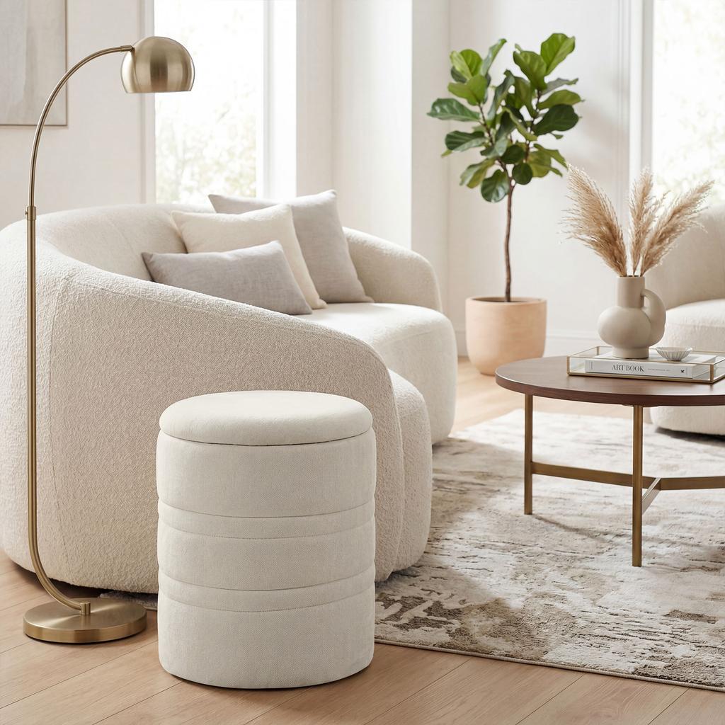 Chenille Storage Ottoman with Lid, Round Stool, Beige