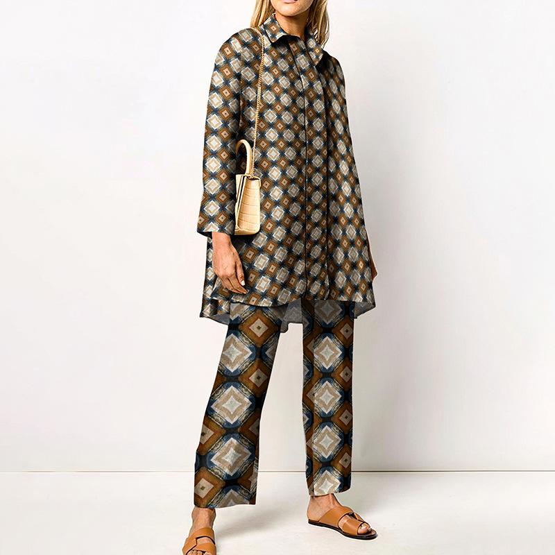 Grünes geometrisches Print Damenhemd und Wide Leg Hosen Kombinationsset