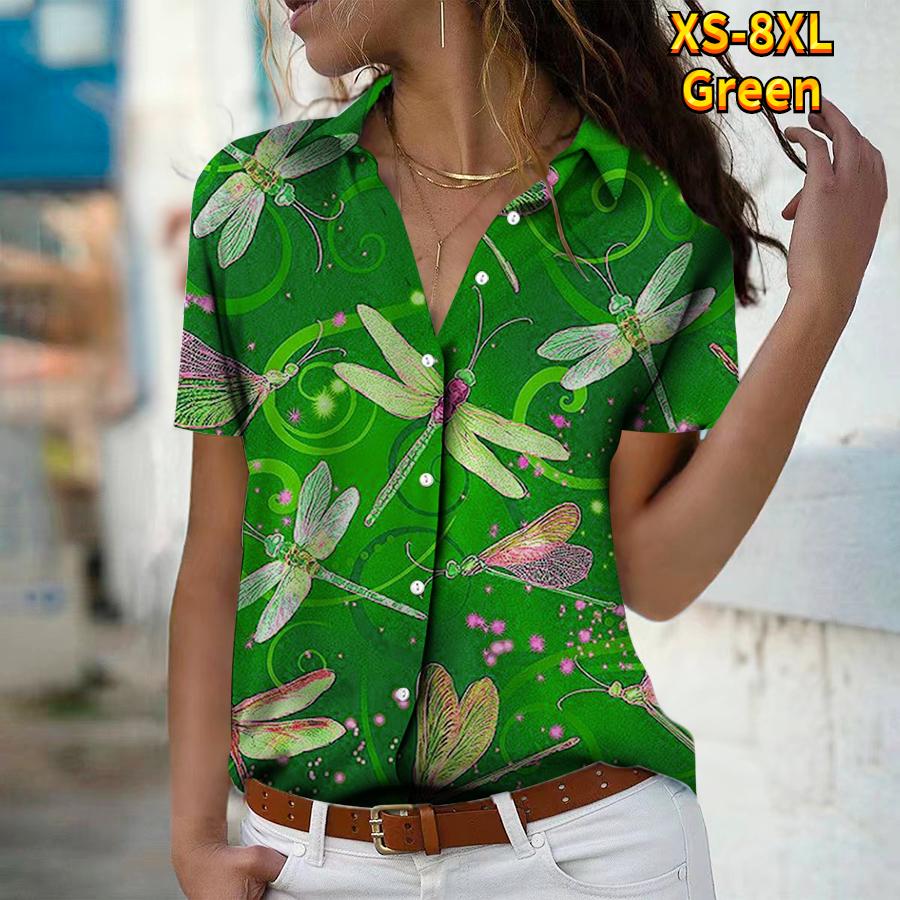 2025 Léto Nová Móda Dámská Květinová Krátký Rukáv Výstřih do V Ležérní Halenka s Knoflíky