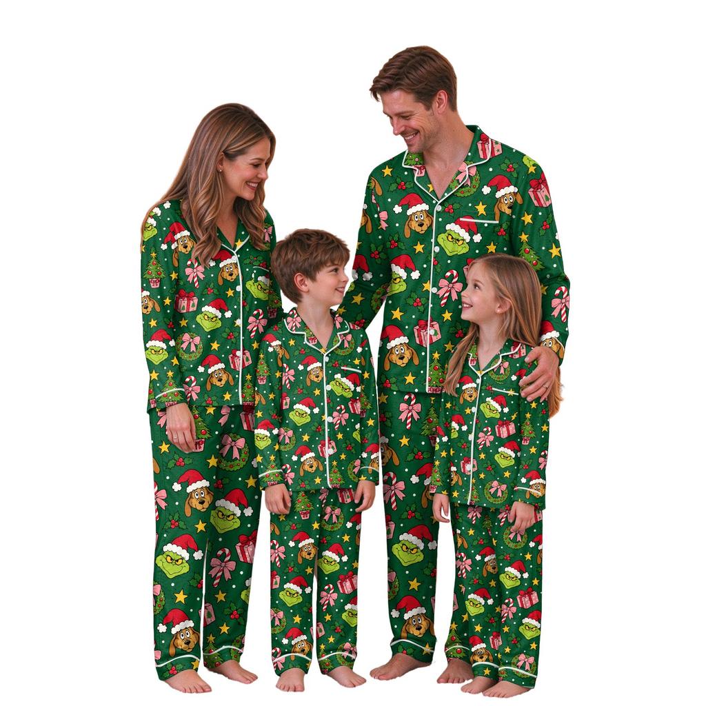 Family Matching Christmas Outfits with Stand Collar, Button Front and Holiday Print