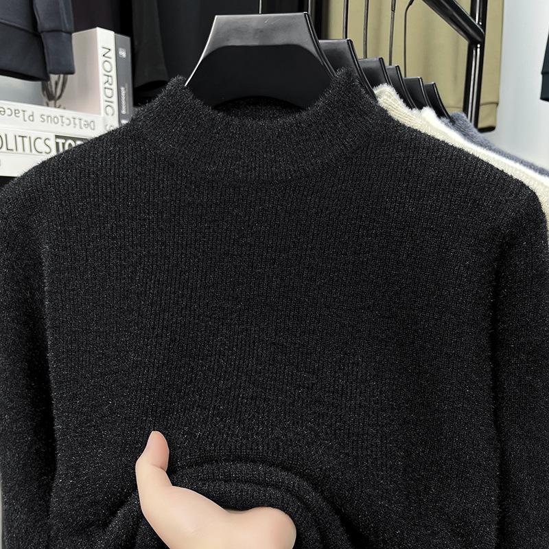 Men's High Neck Solid Color Thick Knit Sweater - Velvet Warm Base Layer for Autumn/Winter