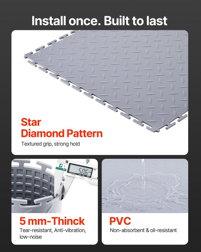 VEVOR Garage Floor Tiles Interlocking, 16 Pack 513 X 513 X 5 Mm Interlocking Modular Garage Flooring Tiles
