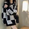Sweter w kratę, damski, pogrubiony, luźny sweter z okrągłym dekoltem, dzianinowy top