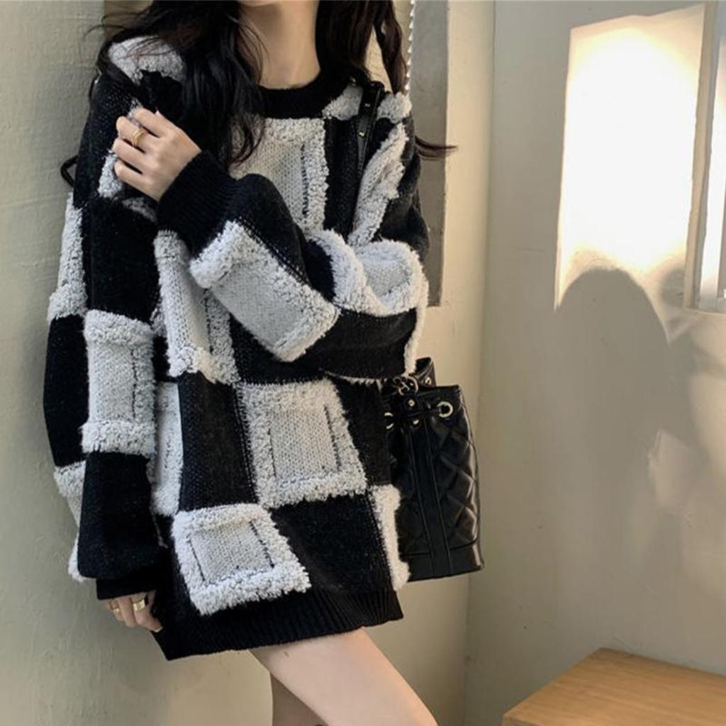 Sweter w kratę, damski, pogrubiony, luźny sweter z okrągłym dekoltem, dzianinowy top