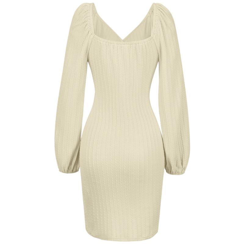 Jarní a podzimní dámské šaty Trendy jednobarevné tenké dámské šaty s výstřihem do V se zavazováním do pasu