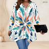 Women Plus Size V Neck Long Sleeve Colorful Printed Asymmetric Hem Flared Tunic Top