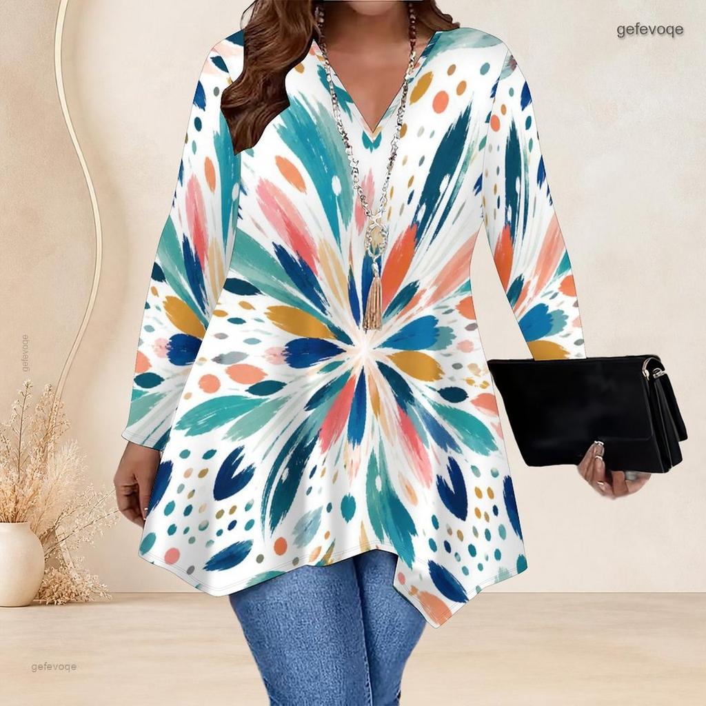 Women Plus Size V Neck Long Sleeve Colorful Printed Asymmetric Hem Flared Tunic Top