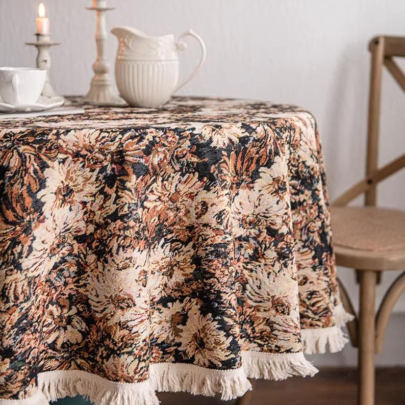 Vintage Round Tablecloth, Coffee Cotton Linen Florals Table Cloth, Anti-Wrinkle Decorative Tablecloths for Dining, Kitchen Wedding, Thanksgiving