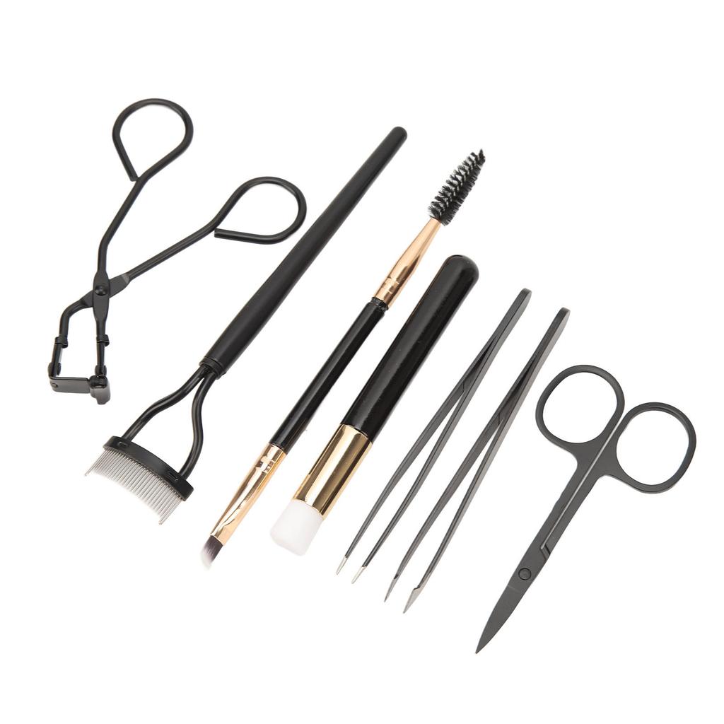 7pcs Eyelash Eyebrow Makeup Grooming Tool Eyebrow Brush Eyelash Curler Scissors Tweezers Set Black