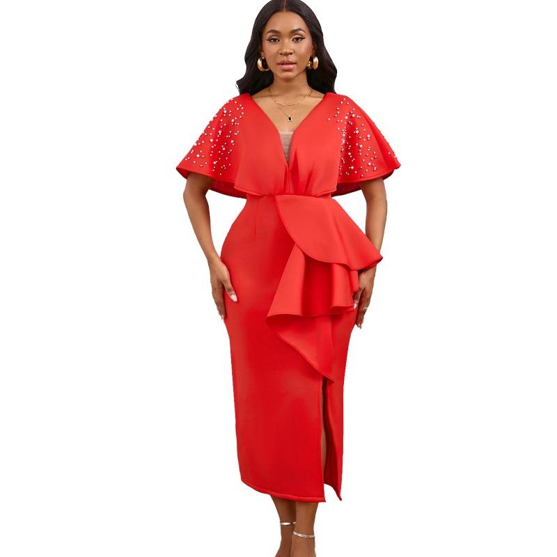 Summer Sexy V-Neck Lotus Leaf Split Bead Party Dress Celebrity Temperament Banquet Dress