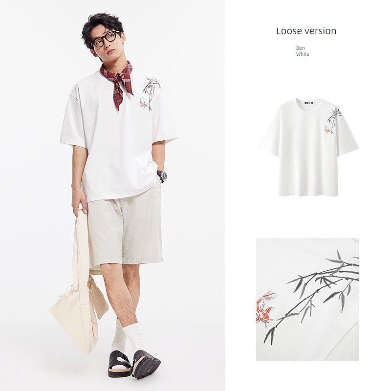 

Senma Short sleeve T-shirt Men s New Chinese Style Embroidery Print 2025 Summer New Cool Feeling Top Half Sleeve Loose This White 10102 180/96A/XL