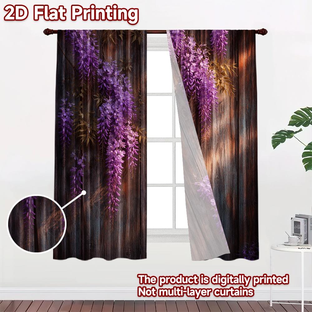 2D Flat Printing 2pcs Curtain Drapes Spring Purple Blooms Digital Printed Polyester Drapes Festive Curtains Perfect for Holiday