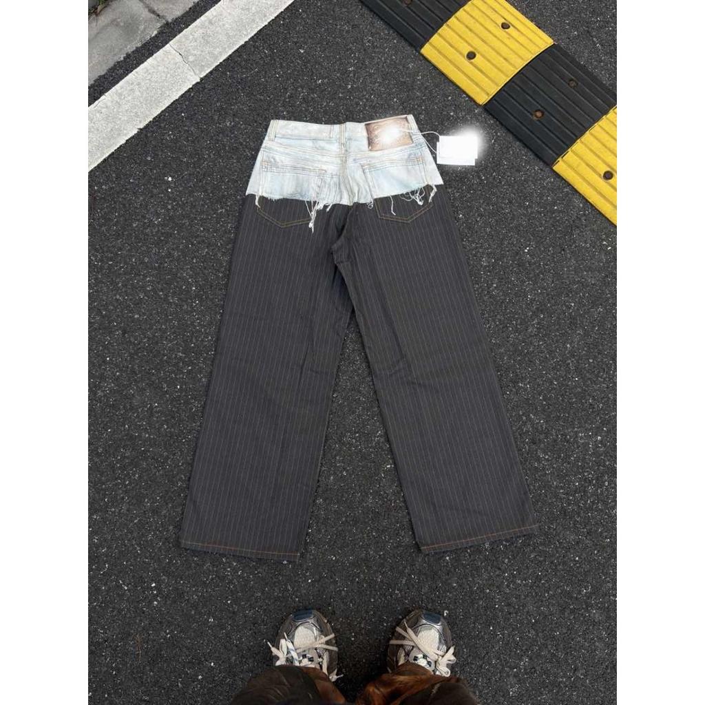 RogueWave Fake Two Piece Spliced Jeans Streetwear Personalized Loose Straight Long Pants Designer Casual Wide Leg Pant