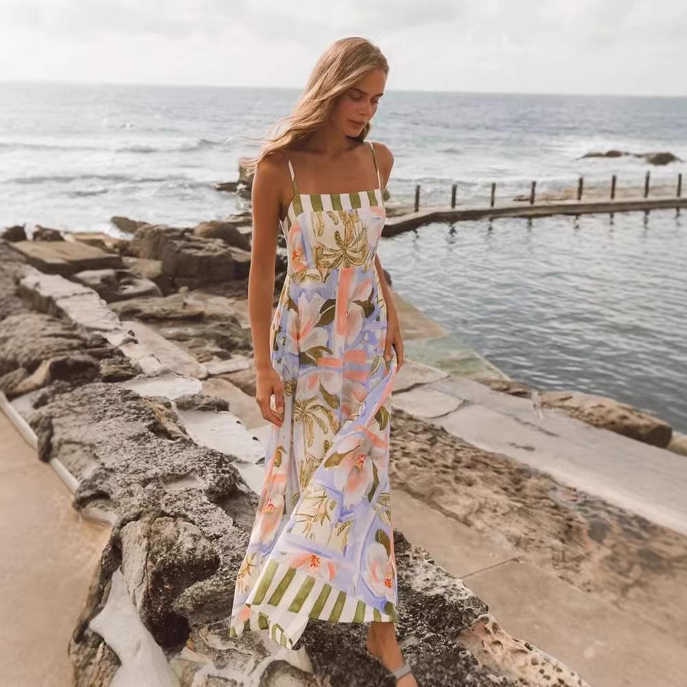 2026 European and American new dress, printed seaside vacation style swinging long dress women's dress