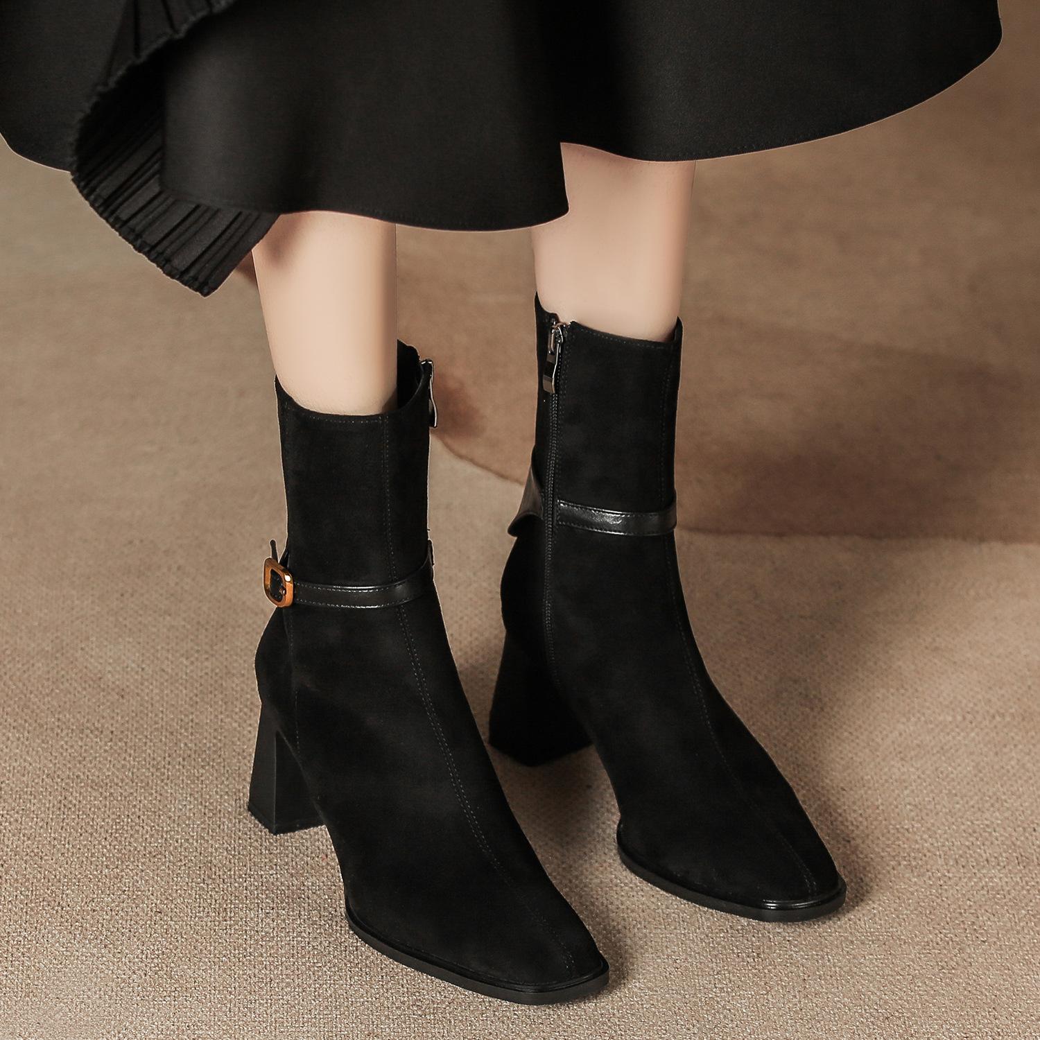 

Suede Ankle Boots Side Zipper Chunky Heel 7cm Square Toe Short Boots Buckle Retro Slimming Women s Shoes Brown Autumn Winter 42