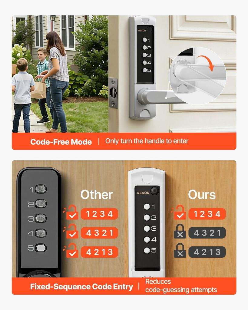 Mechanical Keyless Entry Door Lock, 2.0 Code Upgrade, 5 Digits Code, Single-Sided Push Button Combination Keypad Door Lock with Handle, Auto Locking,
