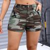 European & American Women's Camouflage Denim Shorts, Casual Comfort with Half Elastic Waistband for Summer.