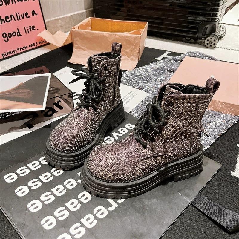 Rhinestone Martin boots for women's new leopard print full diamond luxury lace-up short boots round head thick sole muffin locomotive boots for women