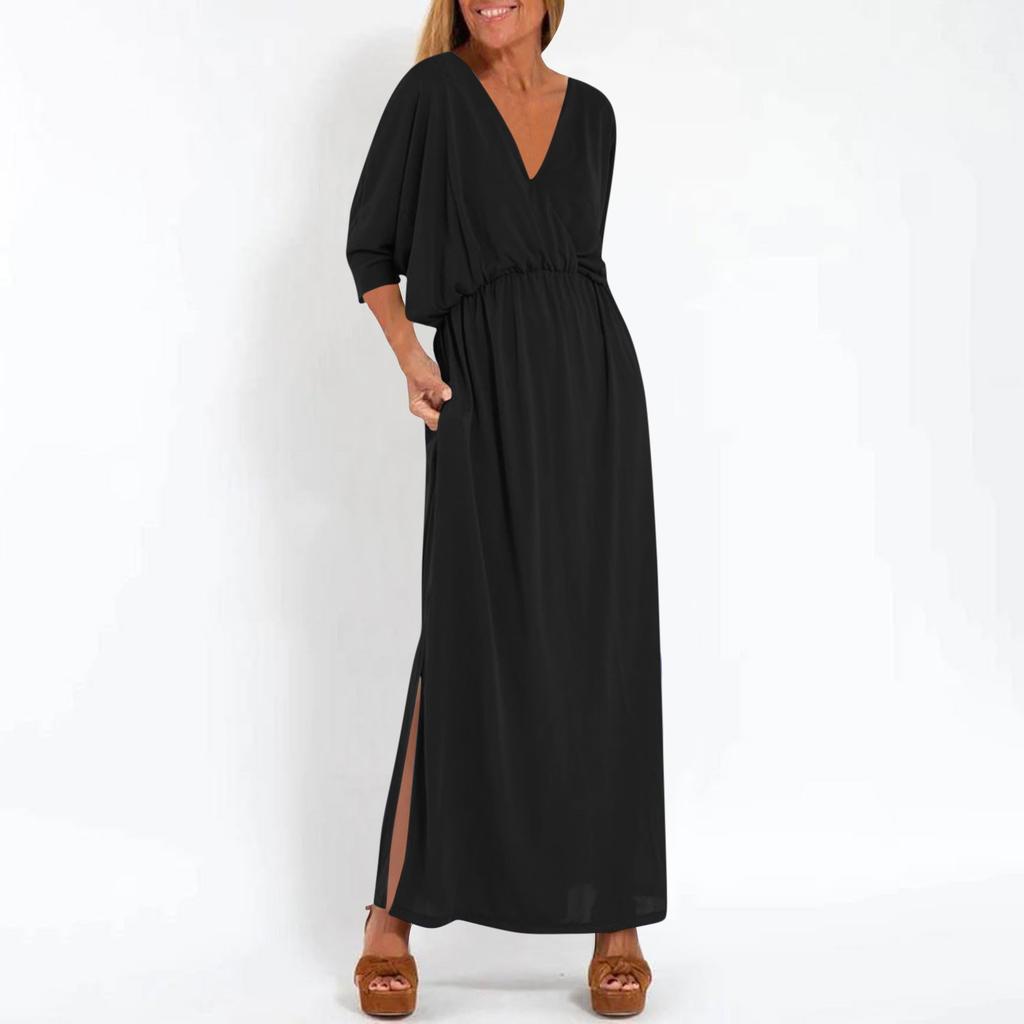 Women's Fashionable Color High Waist Split V-neck Dress