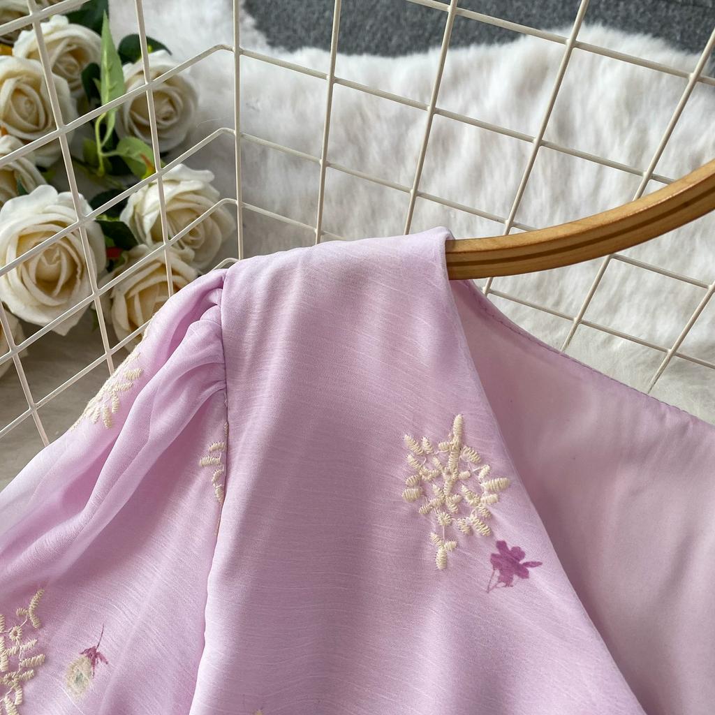 Summer Vintage Hollow Out Embroidered Midi Dress Women's V-neck Short Sleeve Elastic Waist Slim Long Dress
