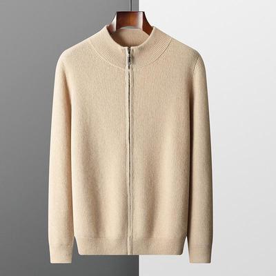 Herren-Cardigan aus reiner Wolle mit Stehkragen und Reißverschluss - Dicke, warme einfarbige Pulloverjacke für Herbst und Winter.