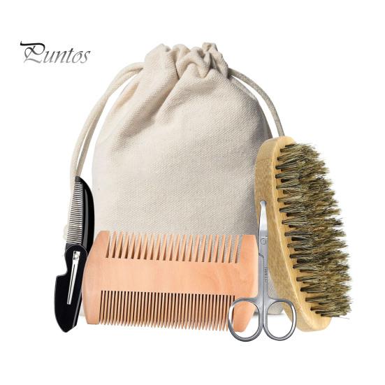 

3/5 шт. Набор для ухода за мужской бородой с овальной щетиной из кабаньей щетины, складная двухсторонняя деревянная расческа, сумка для хранения ножниц, набор для ухода за усами для мужчин 5pcs